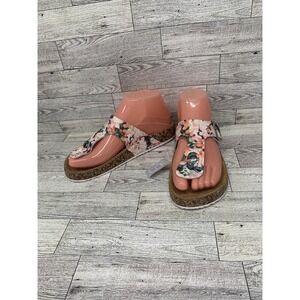 Women's Maurices White Pink Green Floral Cork Sole‎ Thong Sandal 5